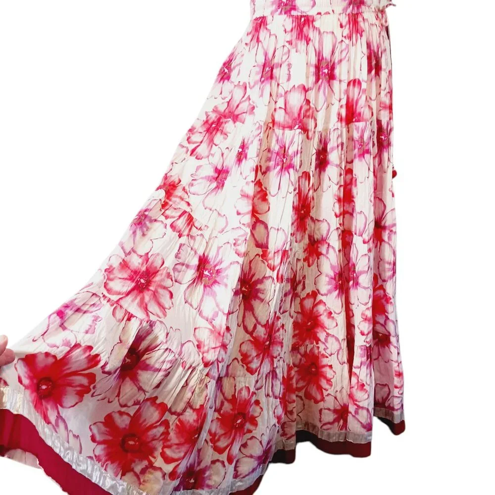 Lalla Nissa, Tiered Maxi Floral Skirt, Medium, Floral Print Stretch Waist w/ Tie